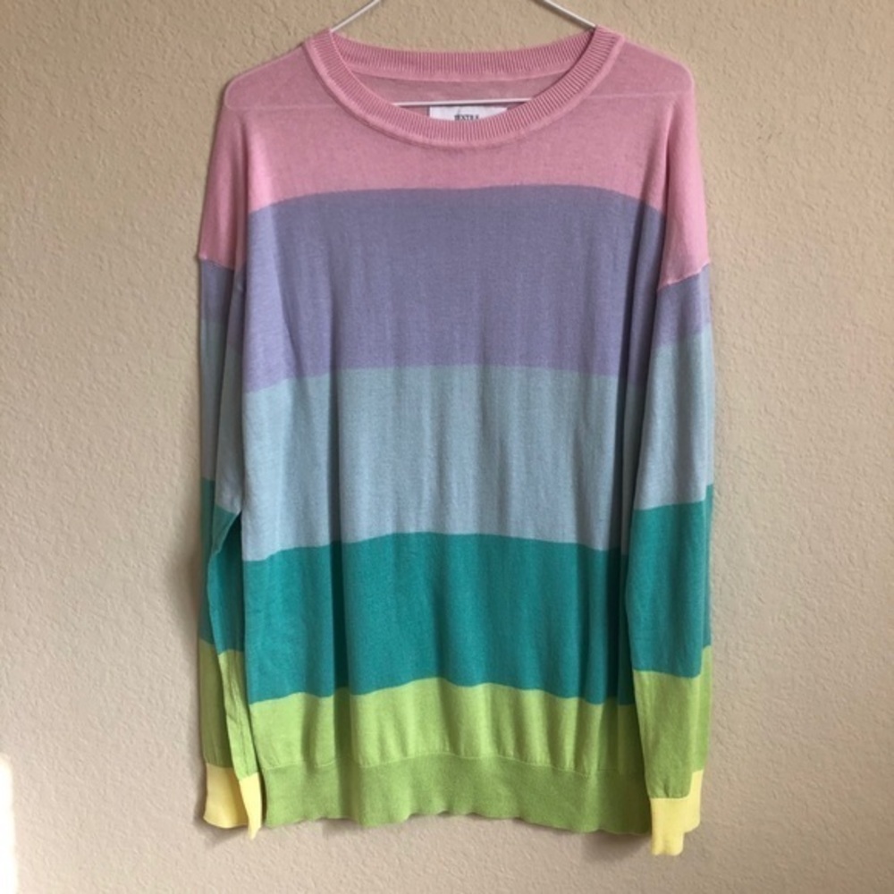 Textile Sweater Pastel Multicolored Striped Rainbow Trendy Crewneck Pullover